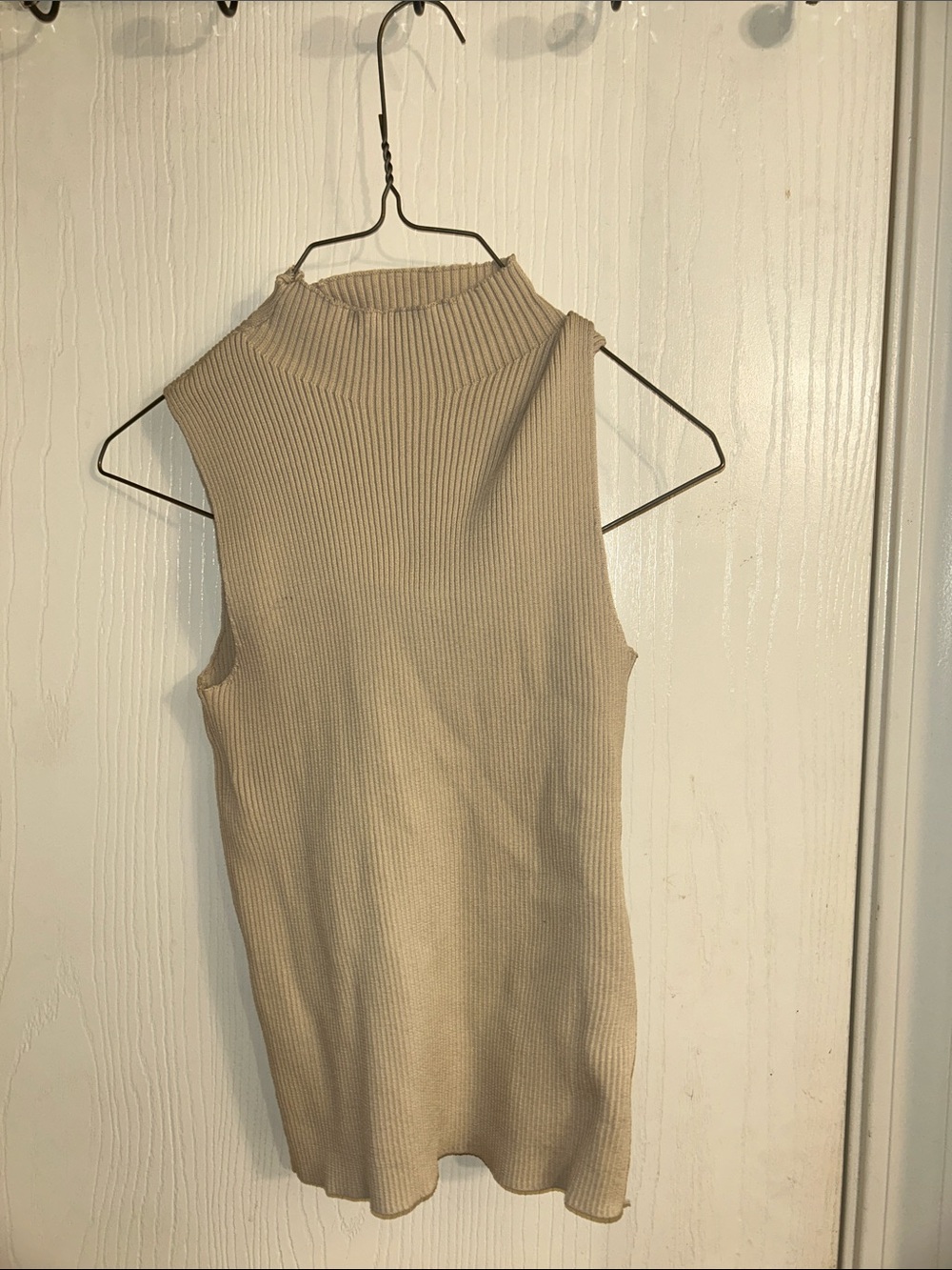 Sleeveless Ribbed Mock Neck Tank Top - Beige